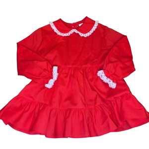 Vintage Toddler Baby Girl Red Long Sleeve Ruffle Holiday Valentine Dress Lace 2T
